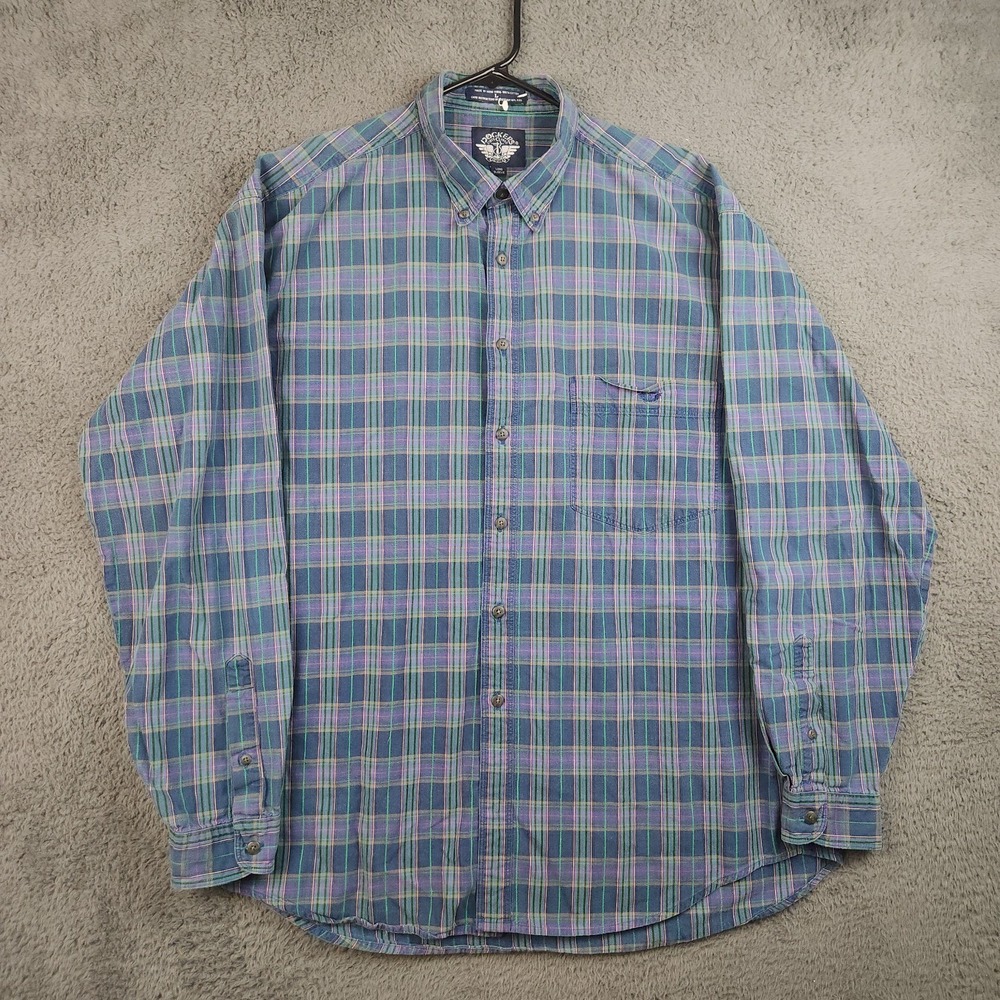 Vintage 90s Dockers Multicolor Plaid Button Down Shirt Mens Large Green Purple